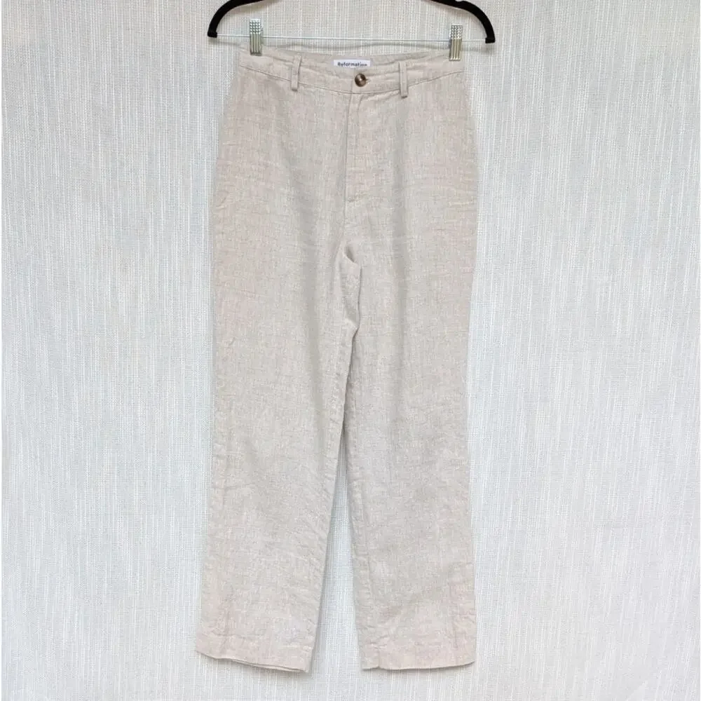 Reformation Freddie High-Rise Straight-Leg Natural 100% Linen Pants, size 2